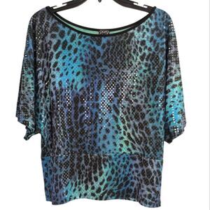 Clara Sun Woo blue & green animal leopard sequin batwing vintage dressy Top S